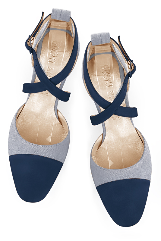 Navy blue and mouse grey women's open side shoes, with crossed straps. Round toe. Medium block heels. Top view - Florence KOOIJMAN